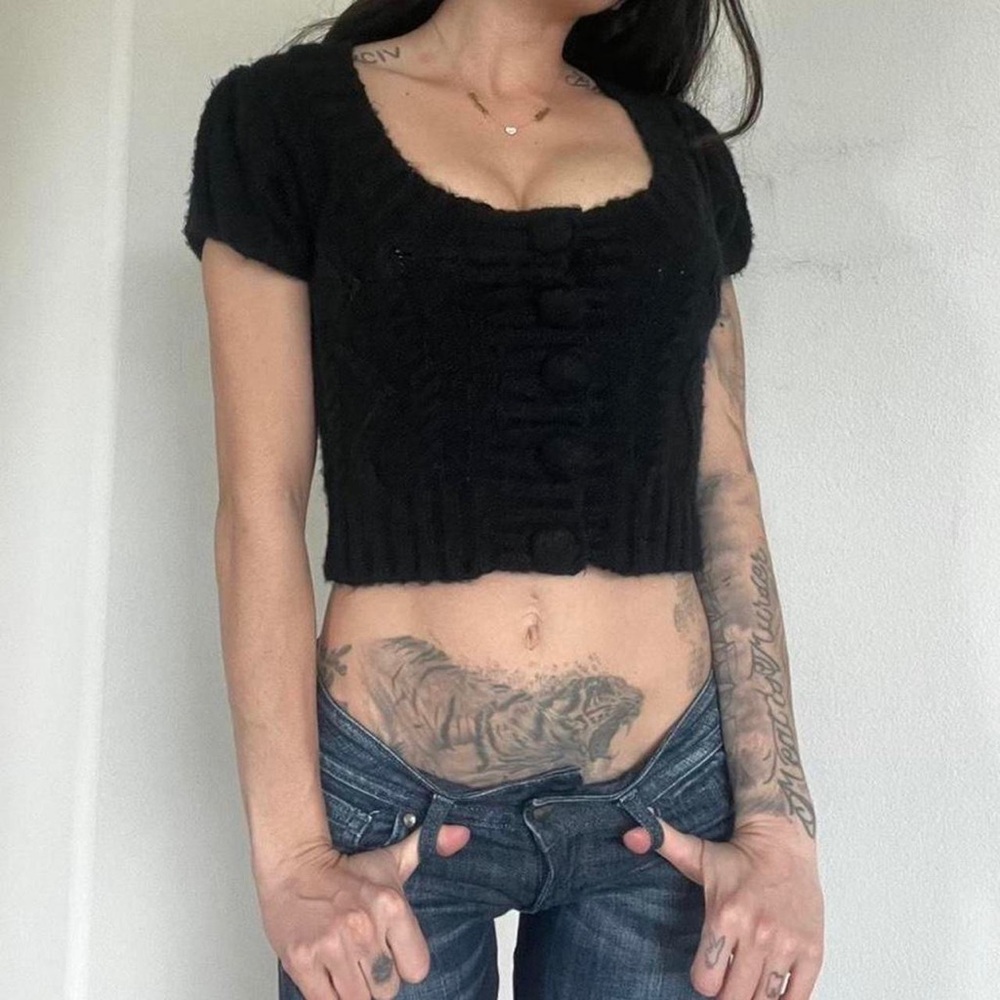 Kensie Black Short-Sleeve Cropped Button Knit Top